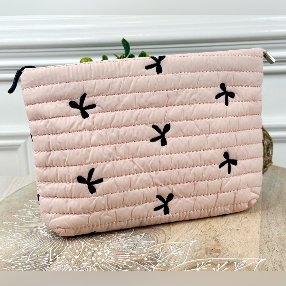 Pink Quilted Clutch Bag with Black Bow Accent Puffer Makeup Travel Pouch